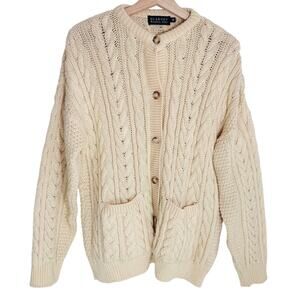 Blarney Woollen Mills Merino Wool Fisherman Cardigan Aran Knit | Cream | SZ M